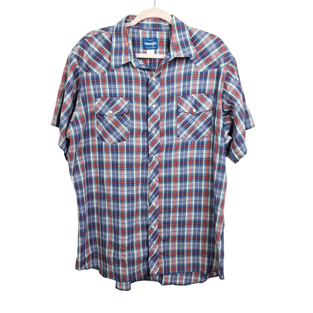 Wrangler Western Shirt Mens XLT Tall Blue Plaid Pearl Snap Short Sleeve Yoke